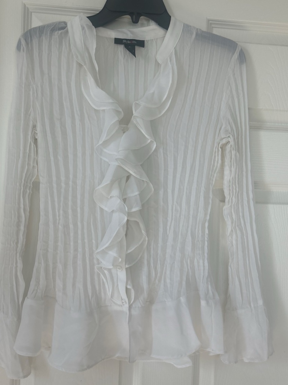 Style & Co. White Ruffle Front Sheer Blouse